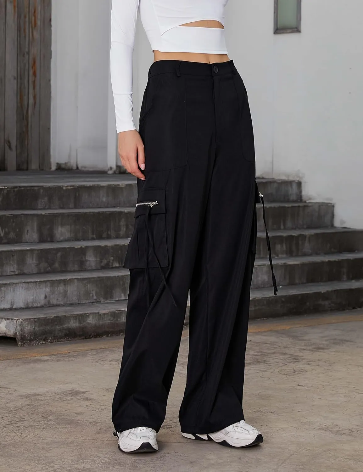 BMJL Womens Cargo Pants High Waisted Parachute Pants Y2k Baggy Wide Leg Streetwear with Pockets