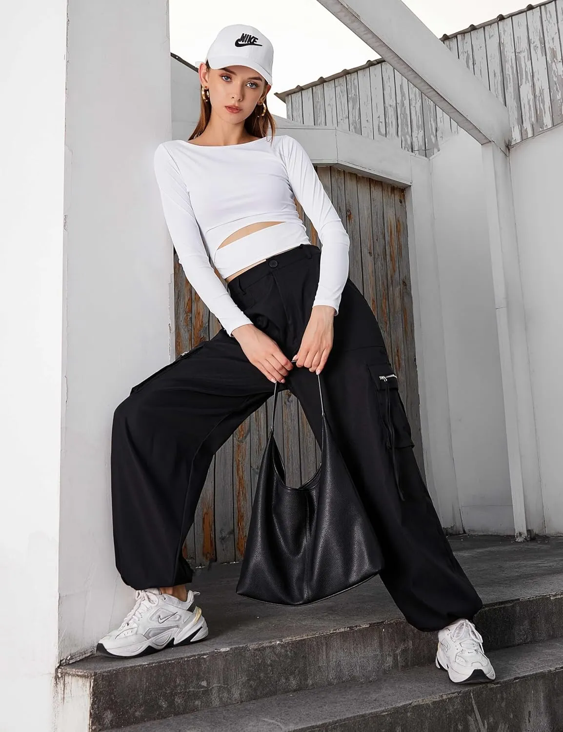 BMJL Womens Cargo Pants High Waisted Parachute Pants Y2k Baggy Wide Leg Streetwear with Pockets