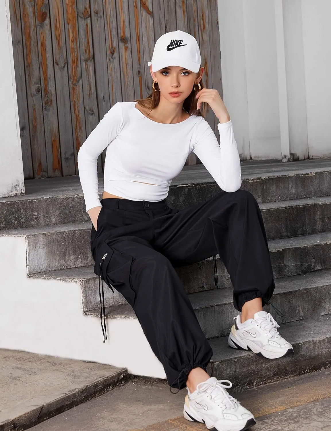 BMJL Womens Cargo Pants High Waisted Parachute Pants Y2k Baggy Wide Leg Streetwear with Pockets