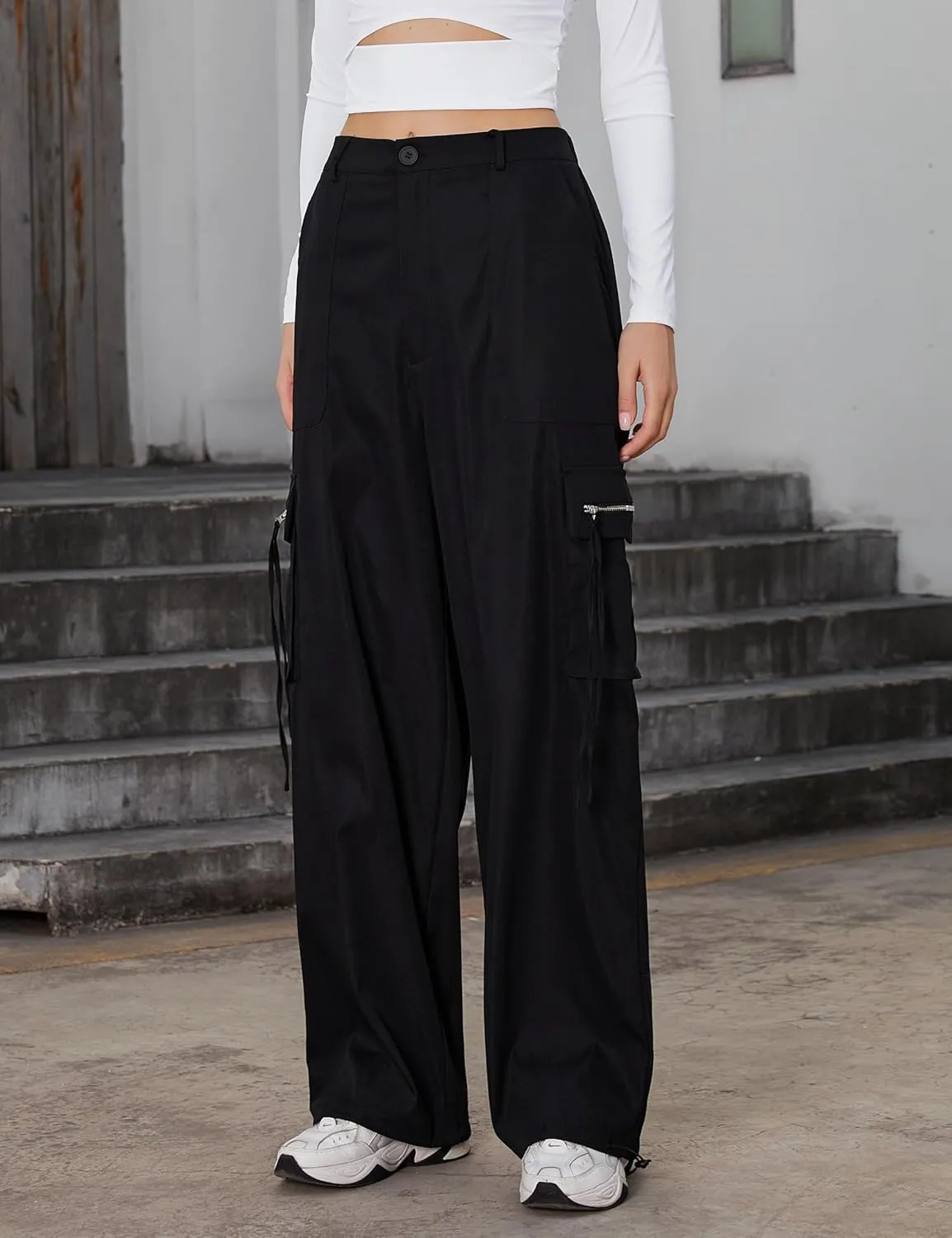 BMJL Womens Cargo Pants High Waisted Parachute Pants Y2k Baggy Wide Leg Streetwear with Pockets
