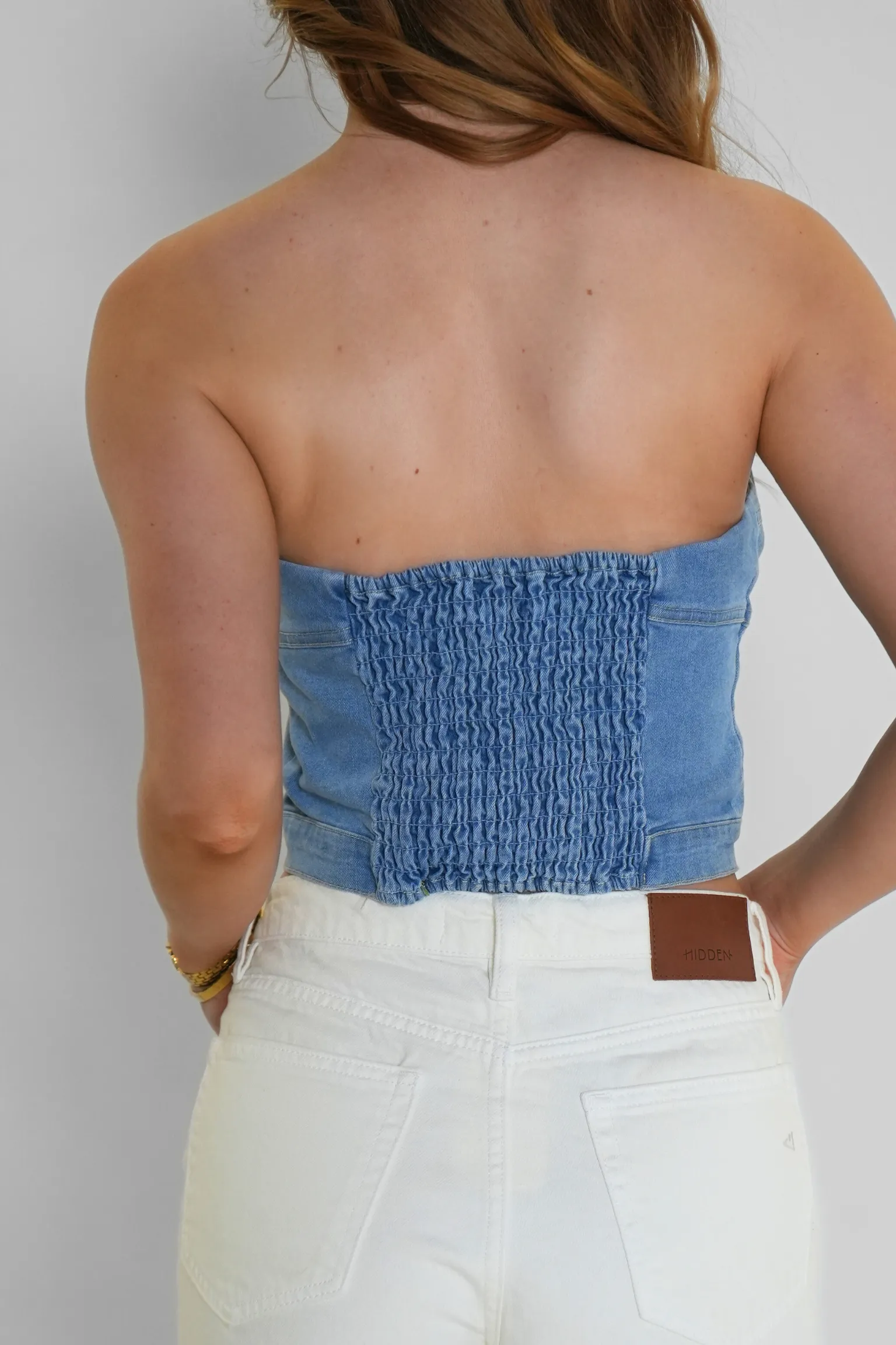 Button Front Denim Crop Tube Top