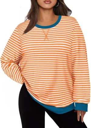 CARCOS Plus Size Tops for Women Crew Neck Striped Sweatshirt Long Sleeve Pullover Top Casual Color Block Shirts