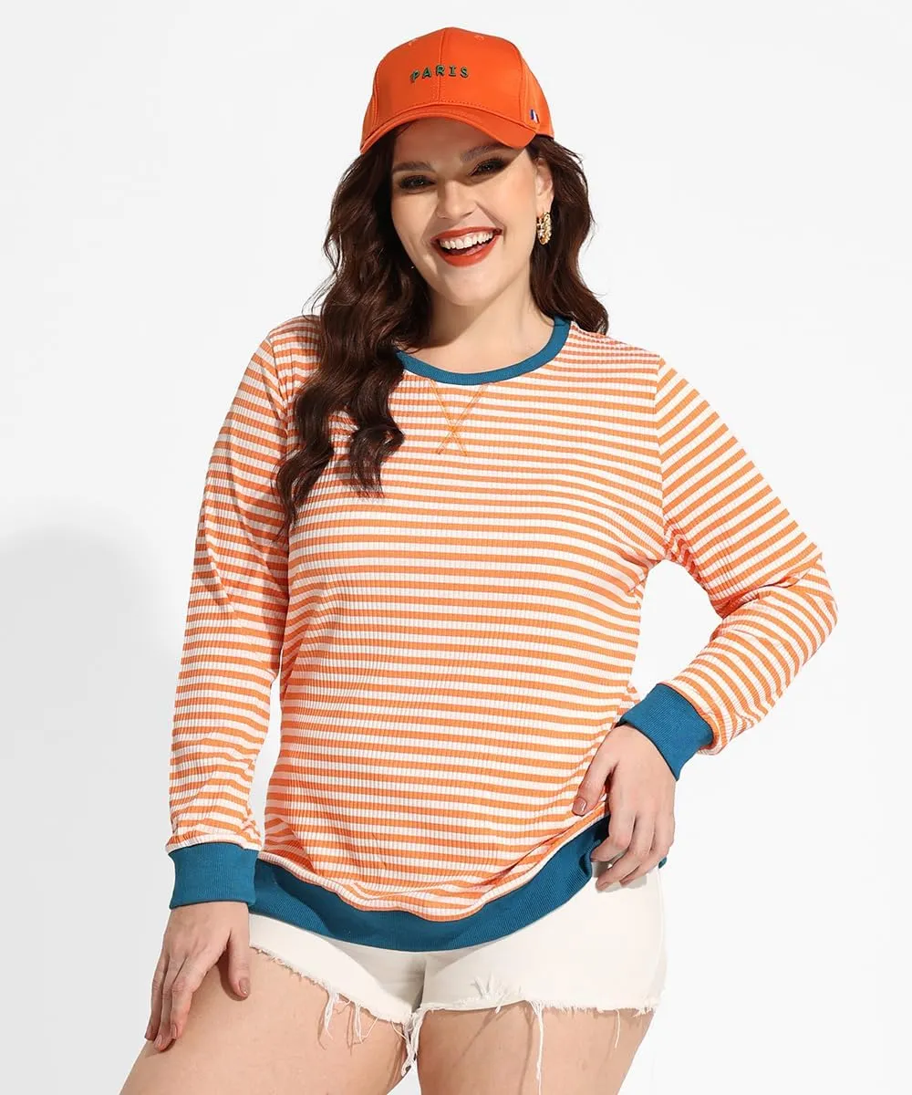 CARCOS Plus Size Tops for Women Crew Neck Striped Sweatshirt Long Sleeve Pullover Top Casual Color Block Shirts