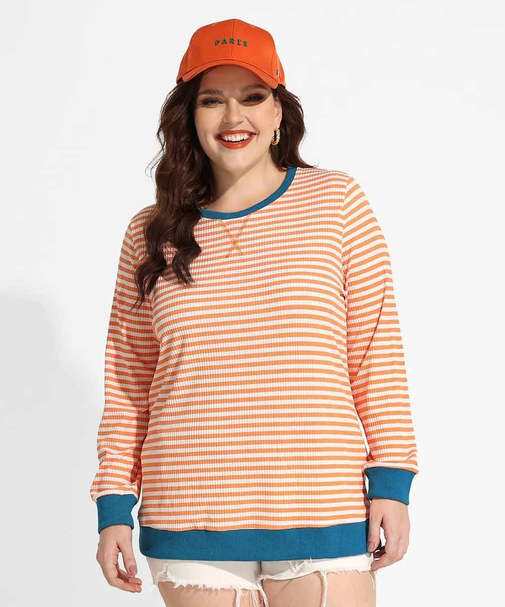 CARCOS Plus Size Tops for Women Crew Neck Striped Sweatshirt Long Sleeve Pullover Top Casual Color Block Shirts