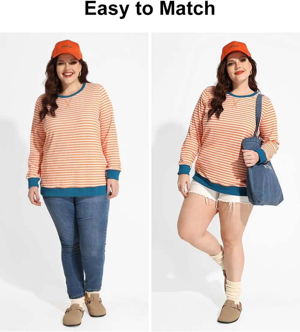 CARCOS Plus Size Tops for Women Crew Neck Striped Sweatshirt Long Sleeve Pullover Top Casual Color Block Shirts