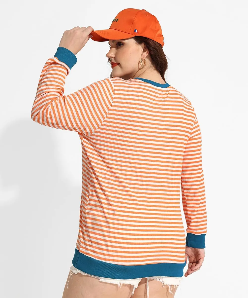 CARCOS Plus Size Tops for Women Crew Neck Striped Sweatshirt Long Sleeve Pullover Top Casual Color Block Shirts