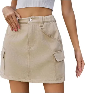 Casual Cargo Denim Skirt for Women High Waisted Jean Skirts Button Up Zipper Elastic Skirt Stretchy Elastic Skirts