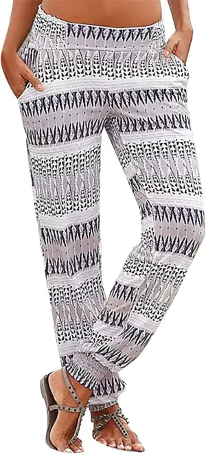Casual Women's High Waist Printed Pants Loose Easy Trousers Boho Summer Beach Pants with Pockets