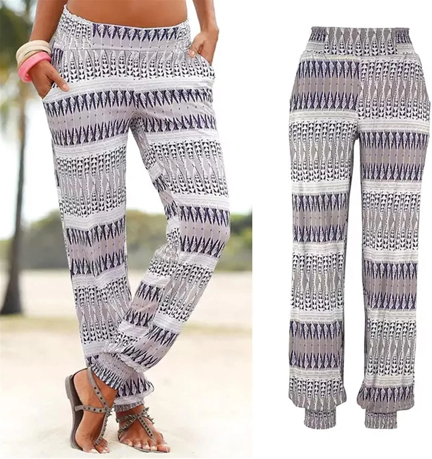 Casual Women's High Waist Printed Pants Loose Easy Trousers Boho Summer Beach Pants with Pockets