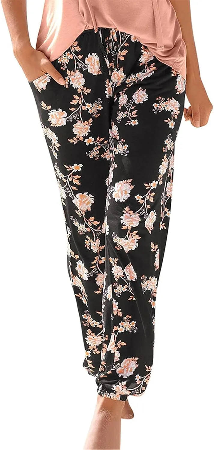 Casual Women's High Waist Printed Pants Loose Easy Trousers Boho Summer Beach Pants with Pockets