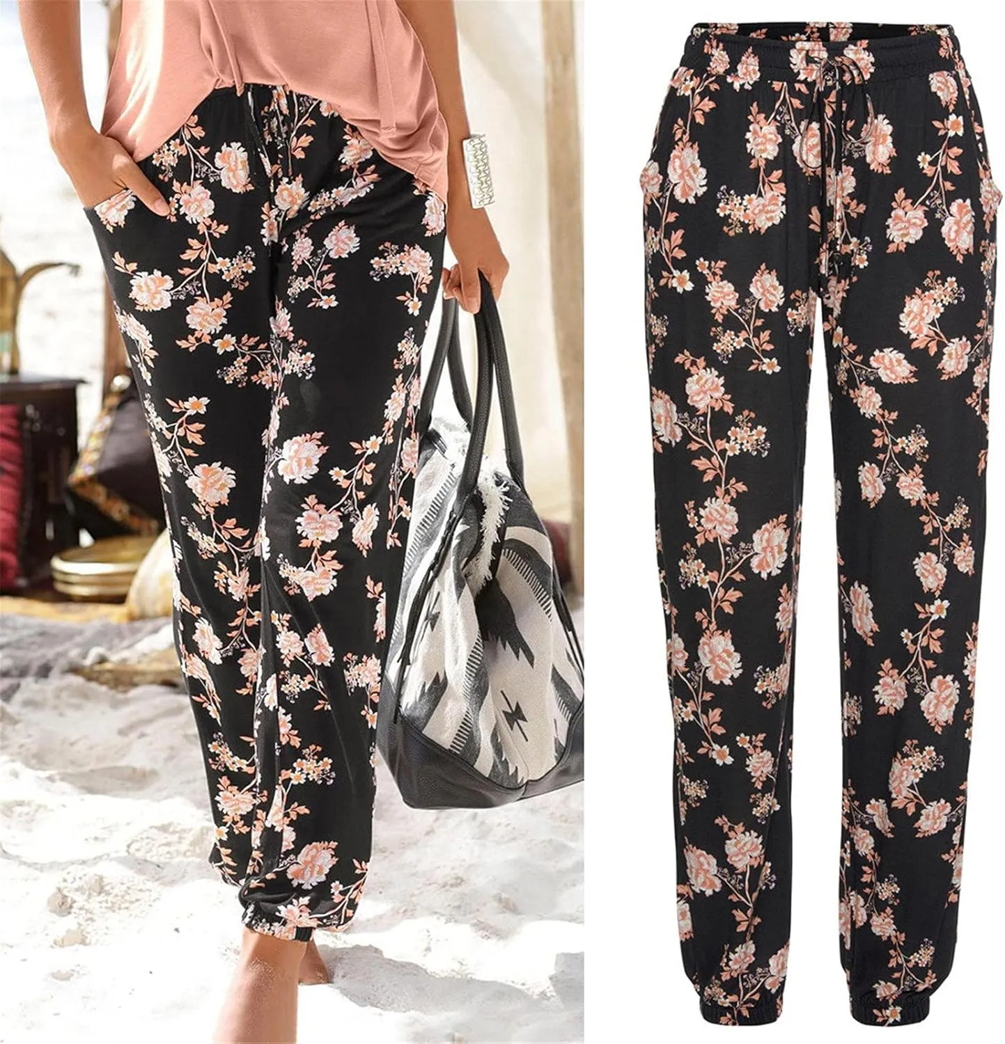Casual Women's High Waist Printed Pants Loose Easy Trousers Boho Summer Beach Pants with Pockets