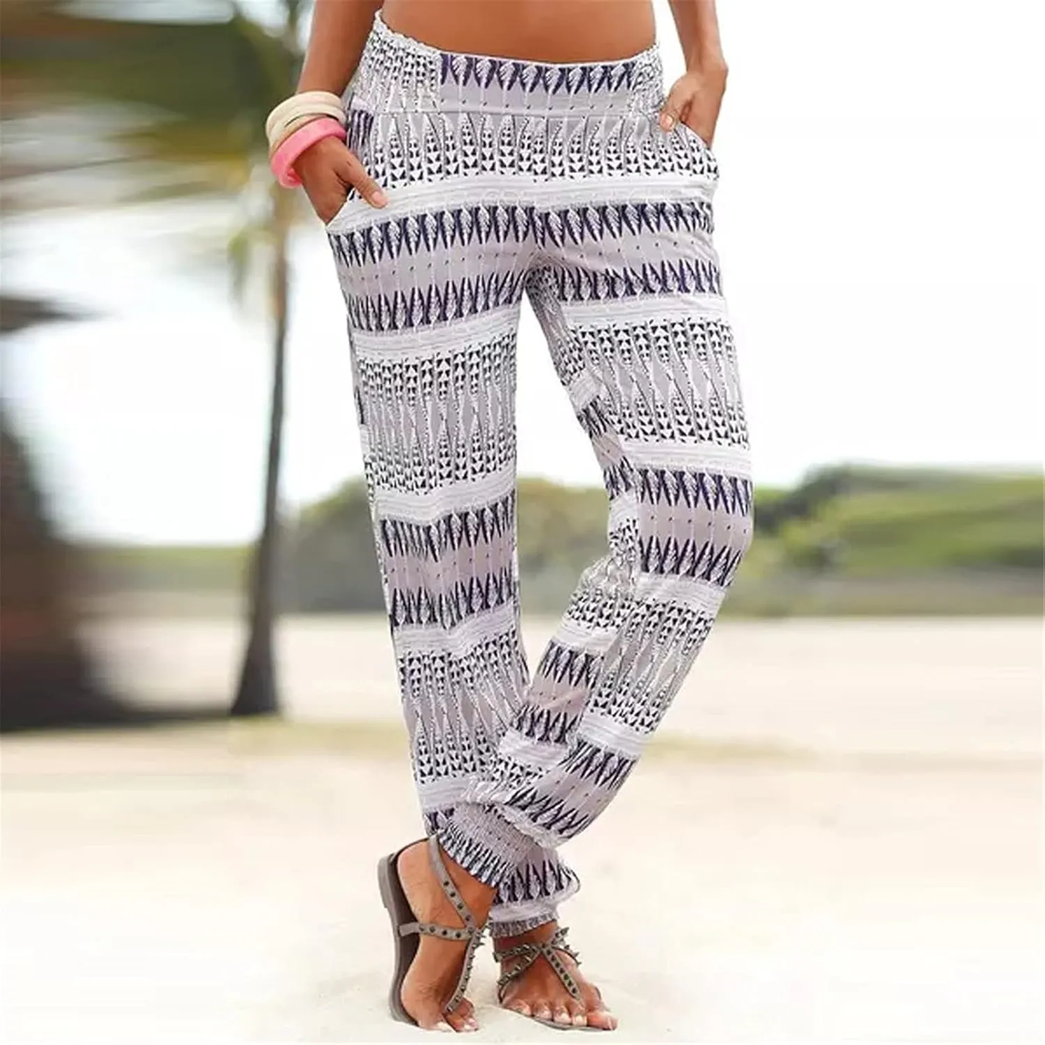 Casual Women's High Waist Printed Pants Loose Easy Trousers Boho Summer Beach Pants with Pockets