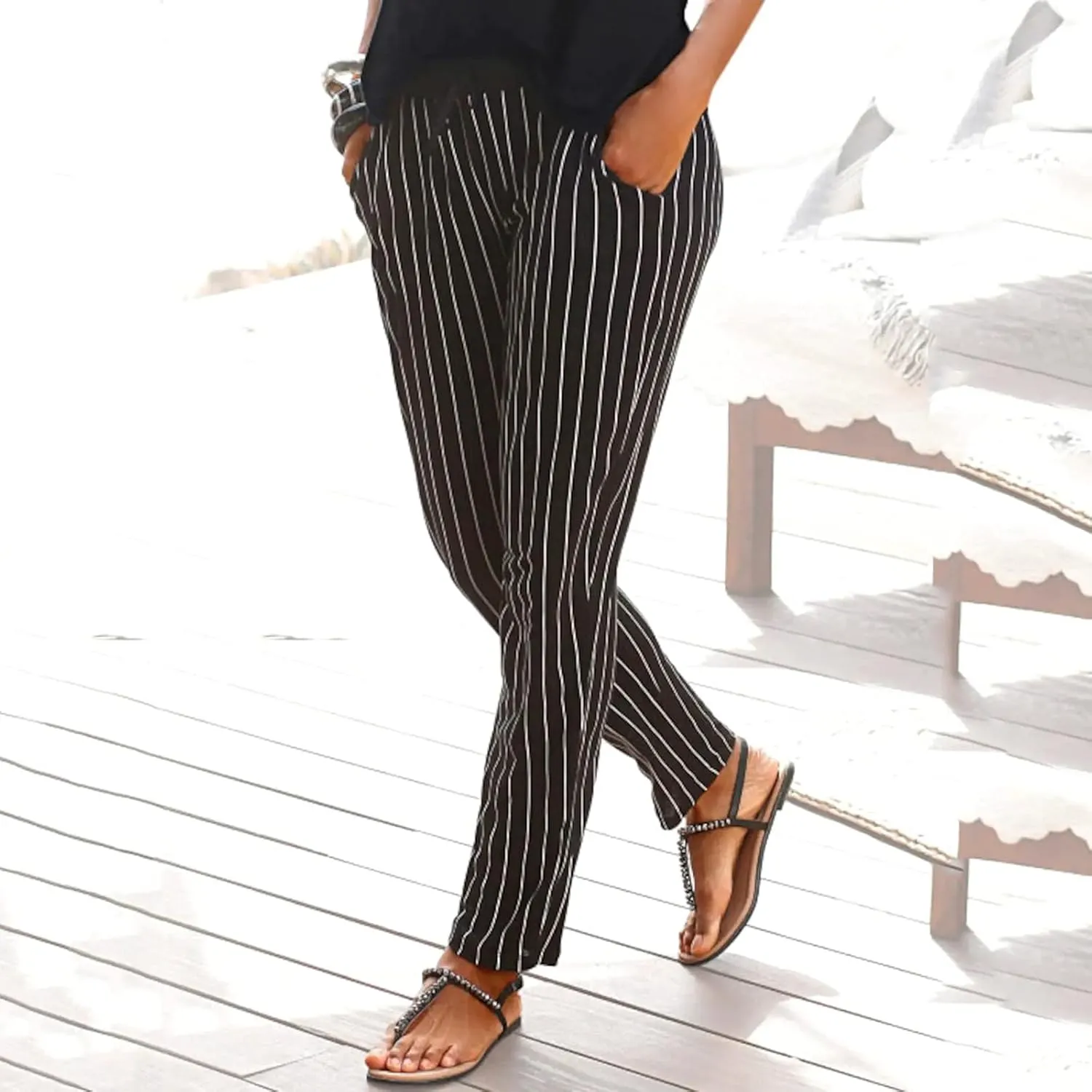 Casual Women's High Waist Printed Pants Loose Easy Trousers Boho Summer Beach Pants with Pockets