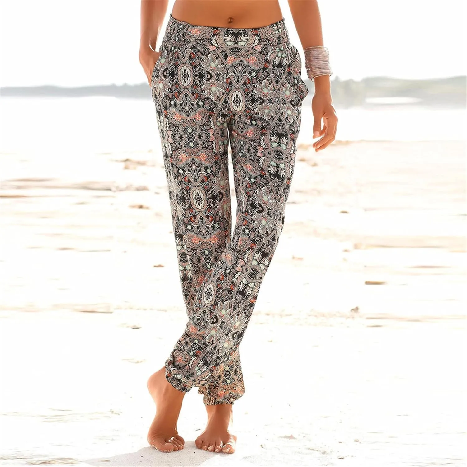 Casual Women's High Waist Printed Pants Loose Easy Trousers Boho Summer Beach Pants with Pockets