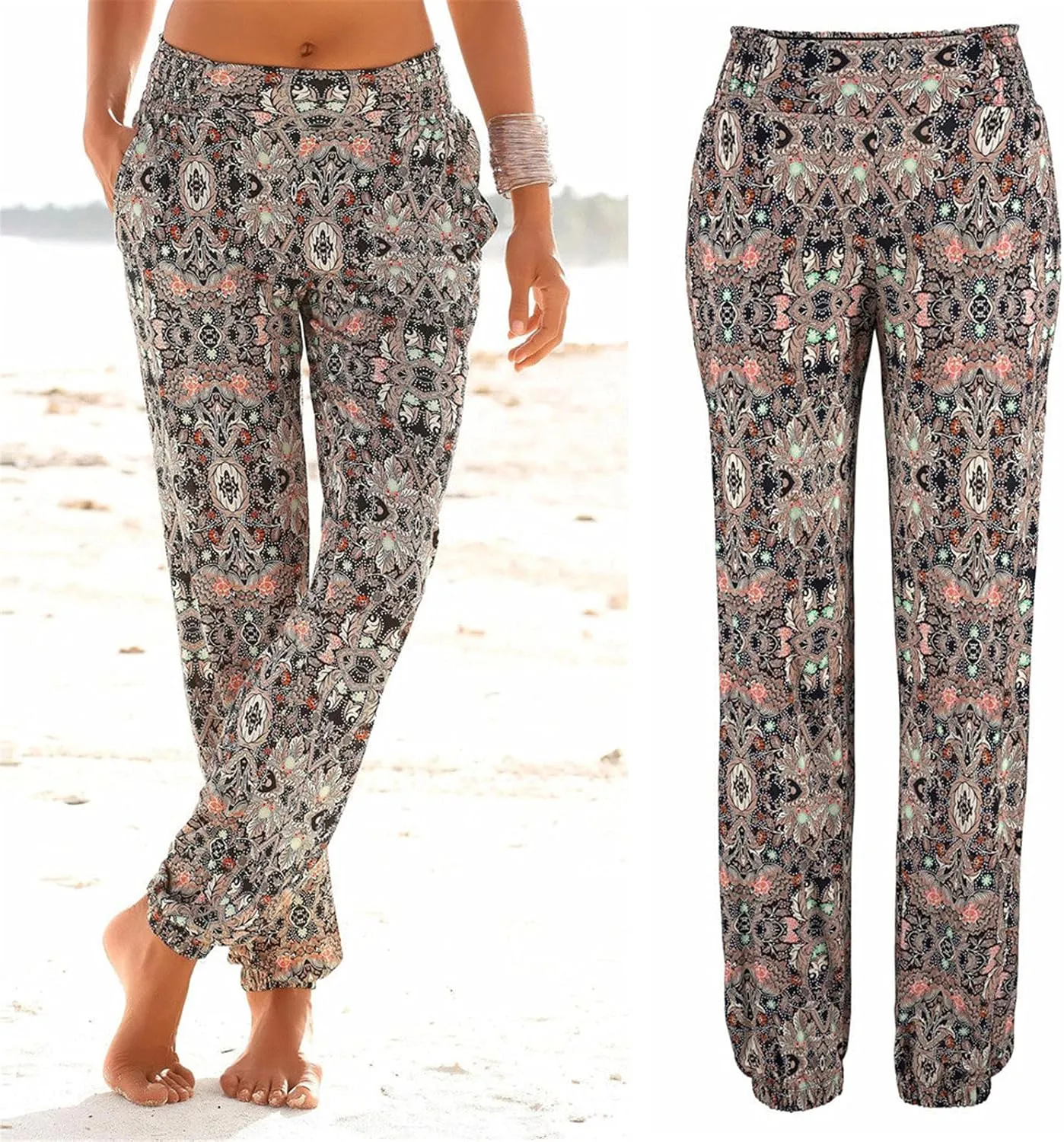 Casual Women's High Waist Printed Pants Loose Easy Trousers Boho Summer Beach Pants with Pockets