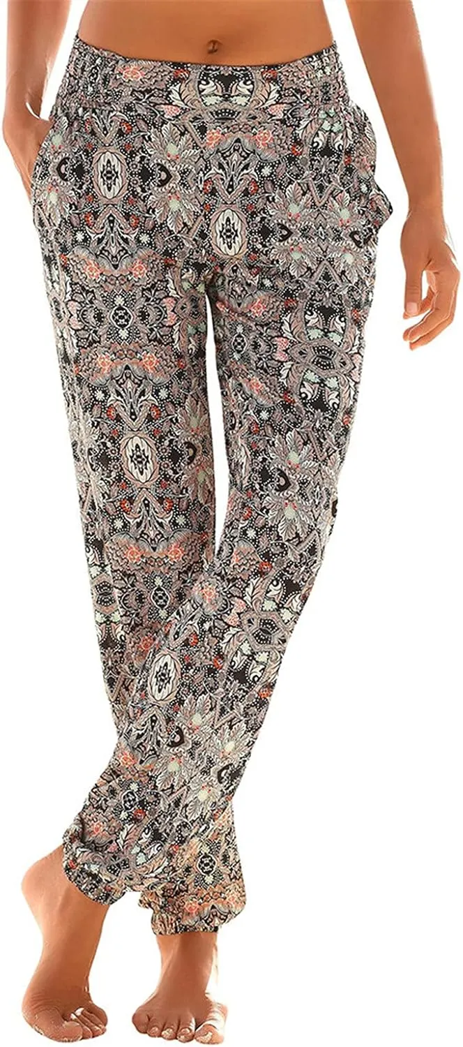 Casual Women's High Waist Printed Pants Loose Easy Trousers Boho Summer Beach Pants with Pockets