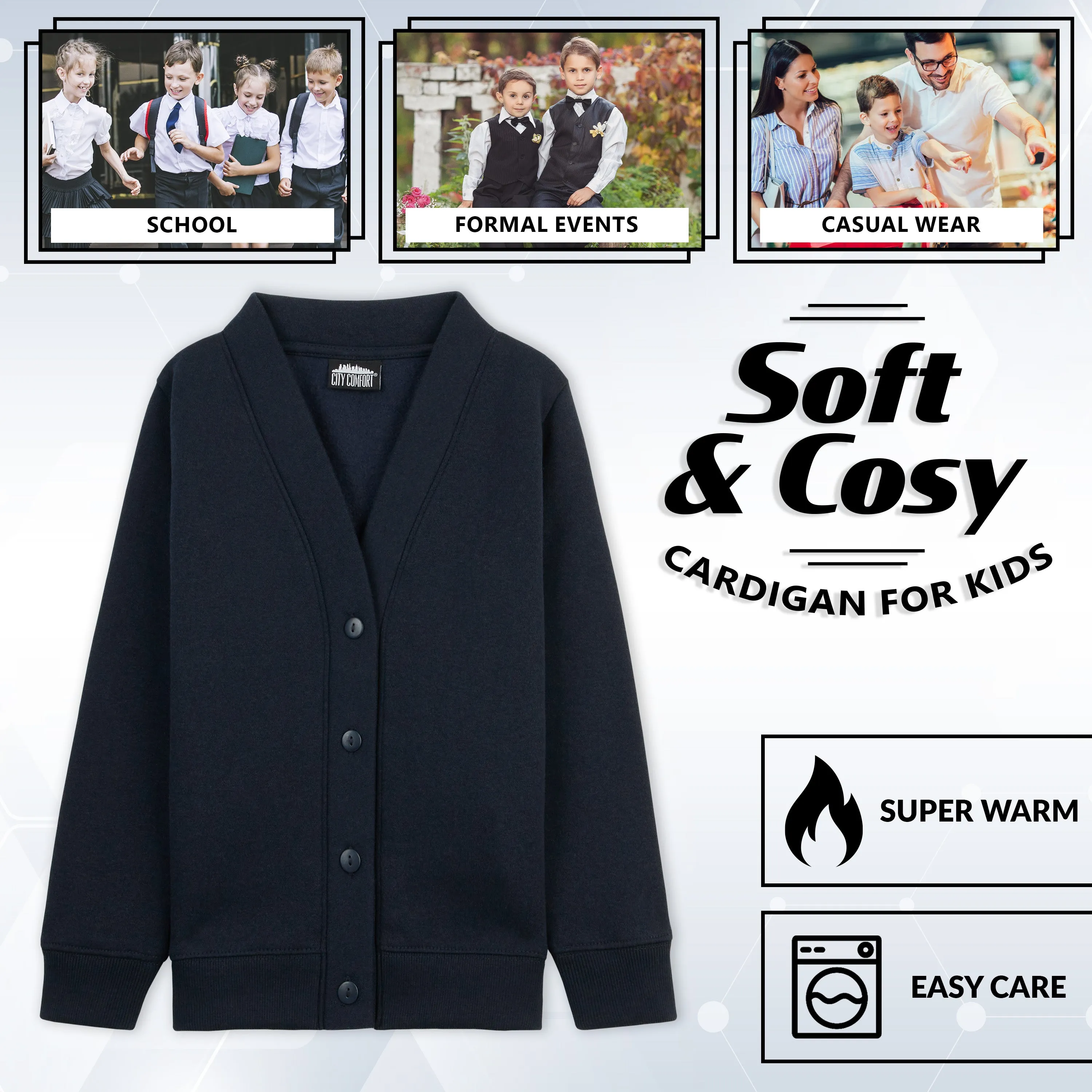 CityComfort Cardigan for Girls and Boys, 1 Pack - Plain Button Down Cardigan
