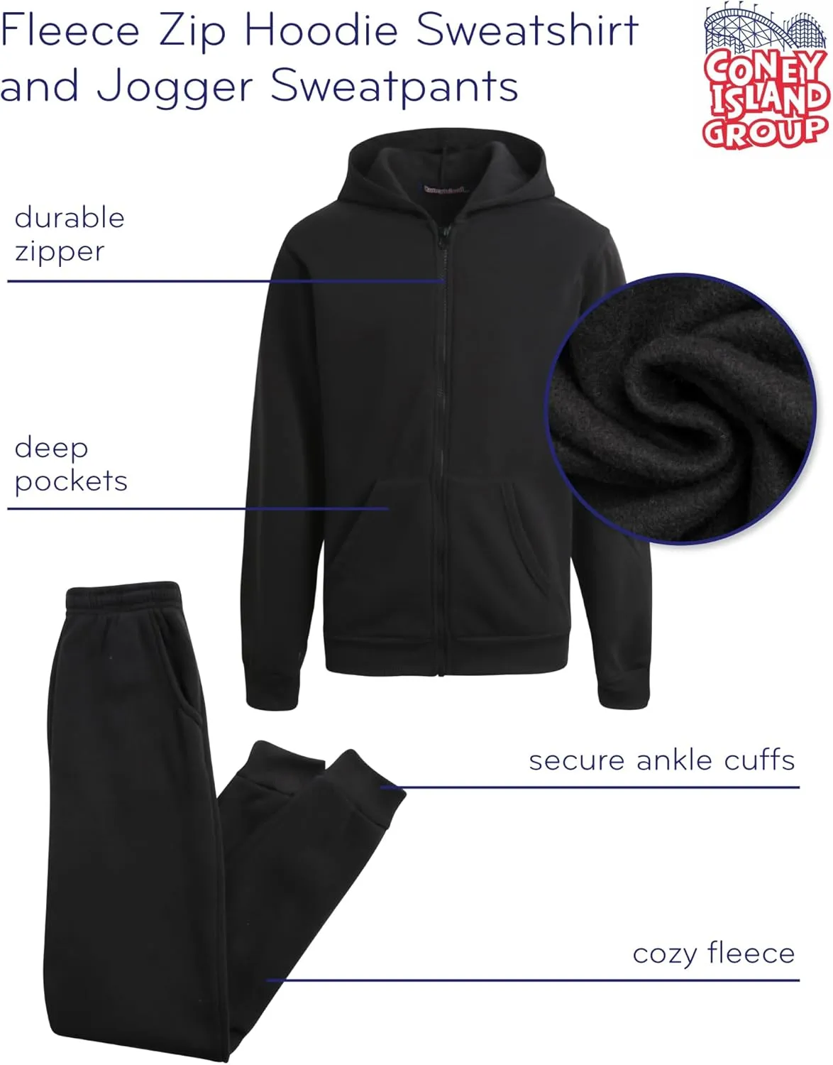 Coney Island Boys Active Tracksuit Set - 2 Piece Fleece Zip Up Hoodie Sweatshirt and Jogger Sweatpants for Boys (Sizes: 5-16)