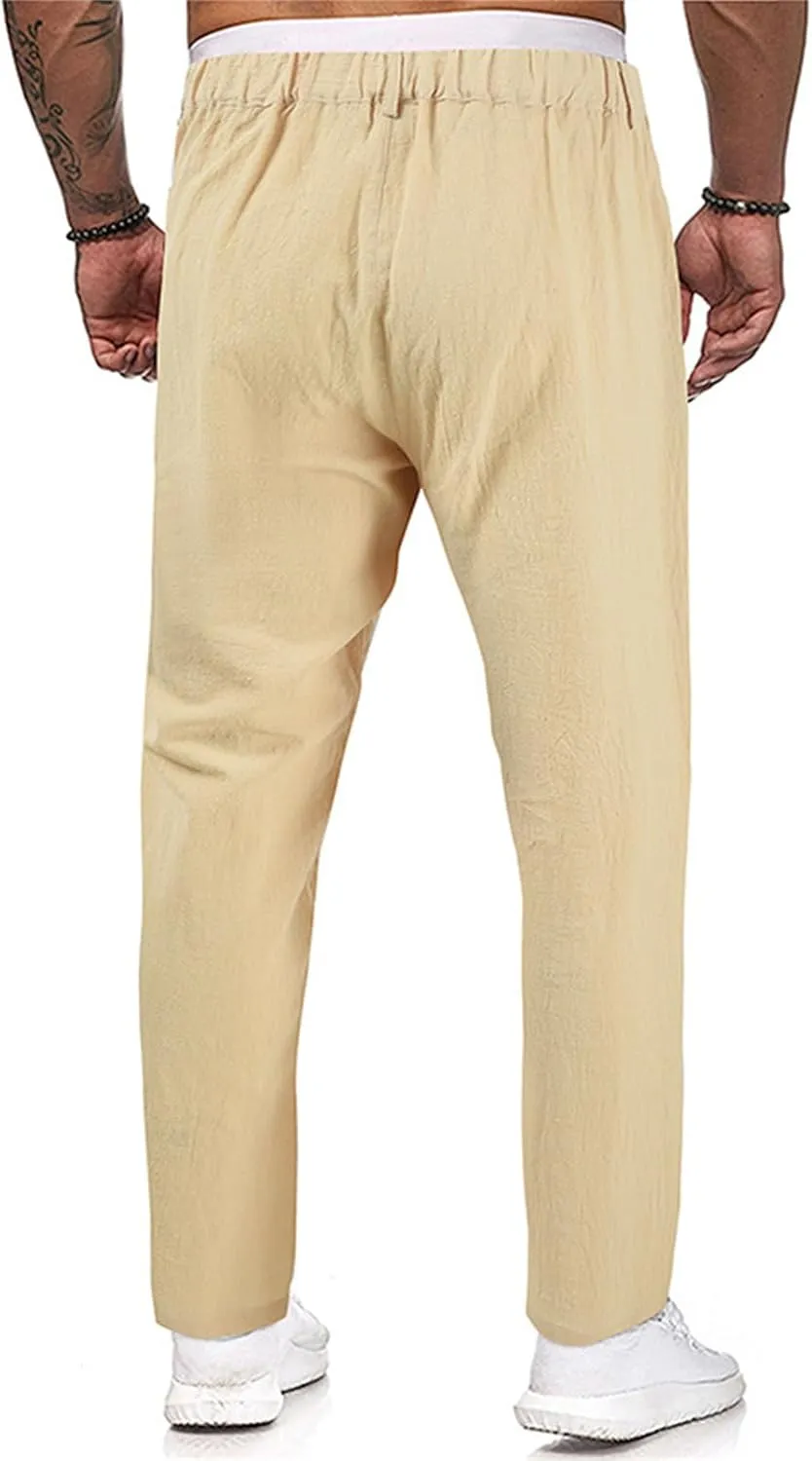 Cotton Linen Pants Men Casual Summer Spring Straight Pleated Pants Fashion Slim Fit Stylish Trousers with Pockets