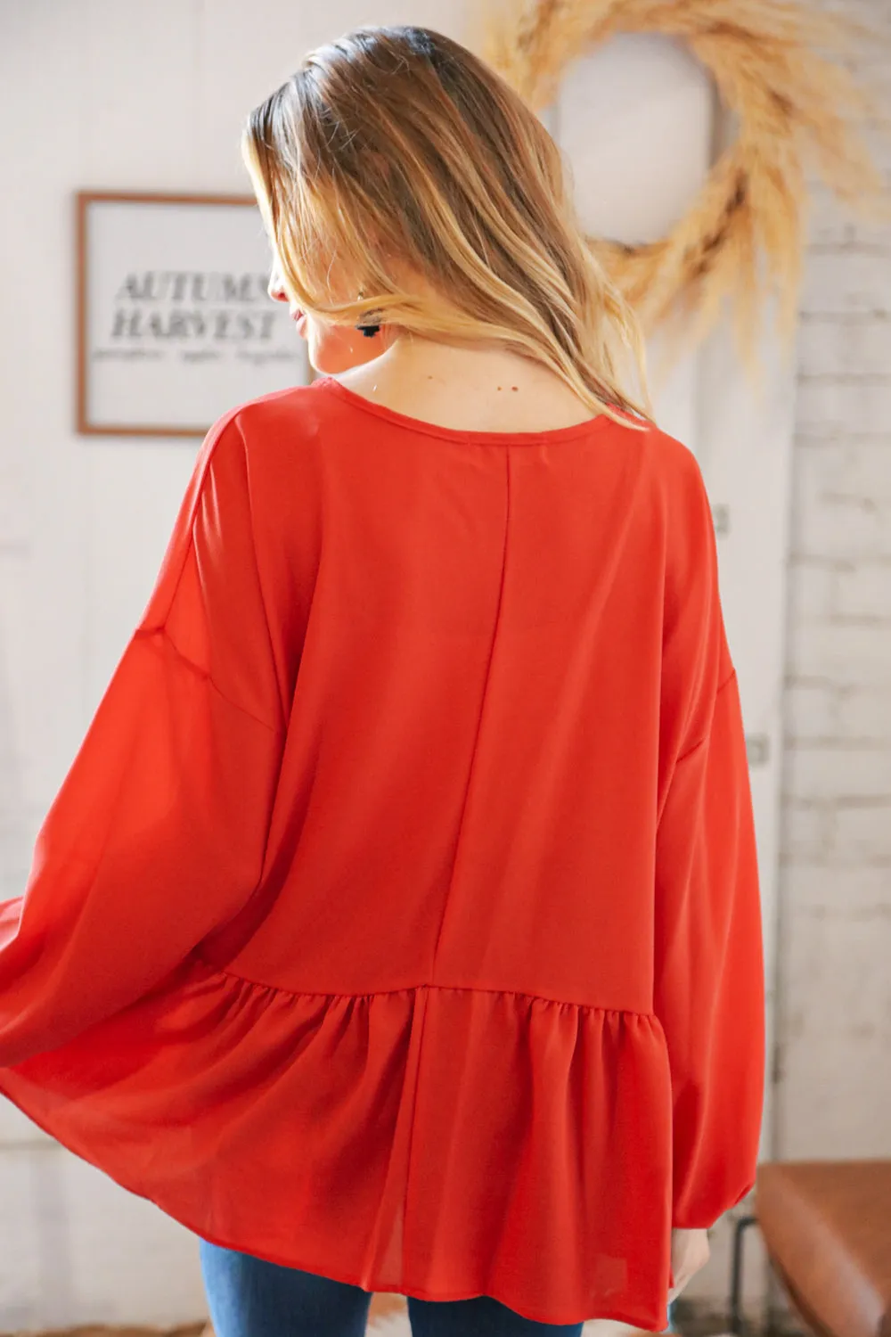 Deep Rust V Neck Woven Babydoll Top