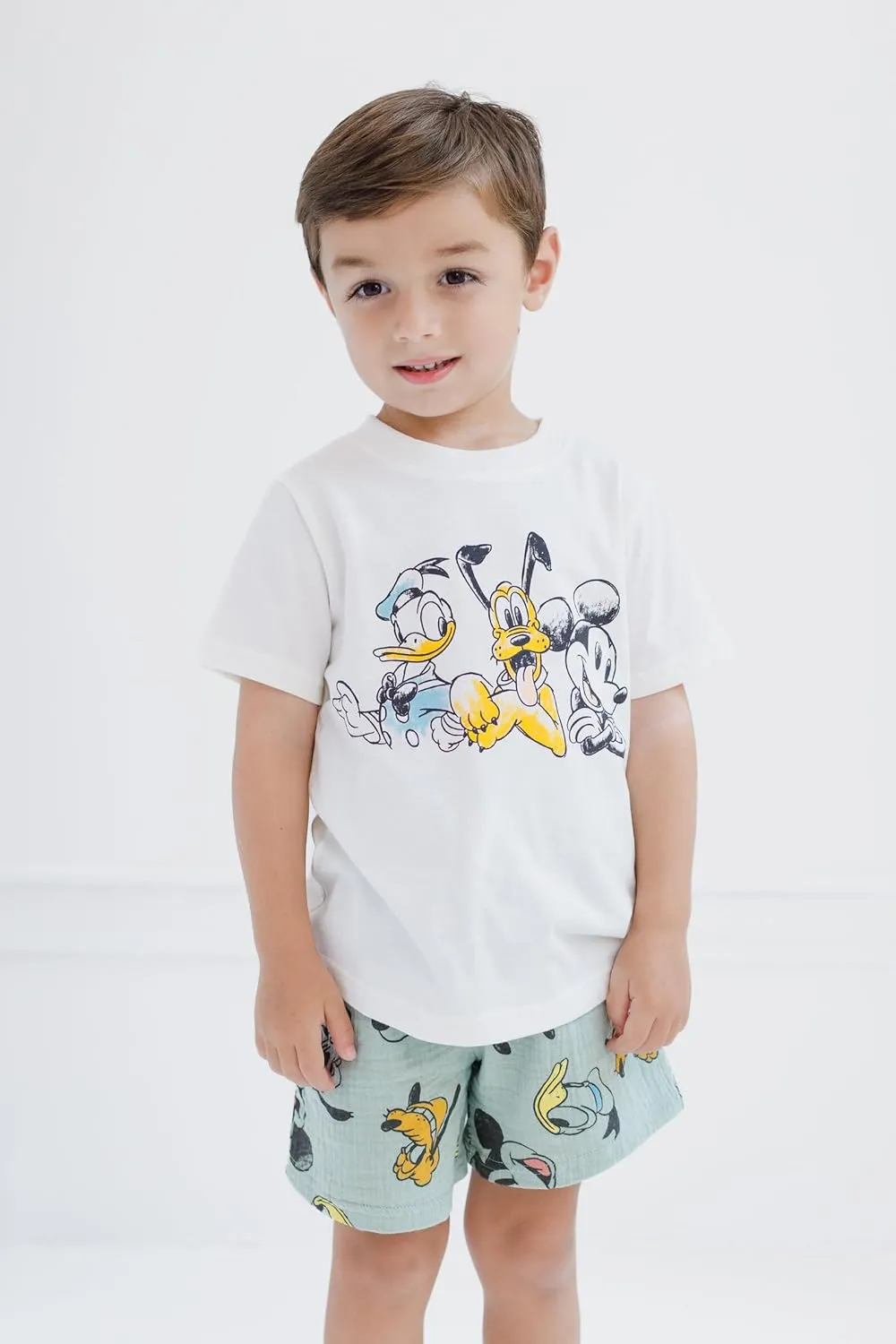 Disney Mickey Mouse Cotton Gauze Button Down Shirt, T-Shirt & Shorts 3 Piece Set Infant to Little Kid Sizes (12 Months- 7-8)
