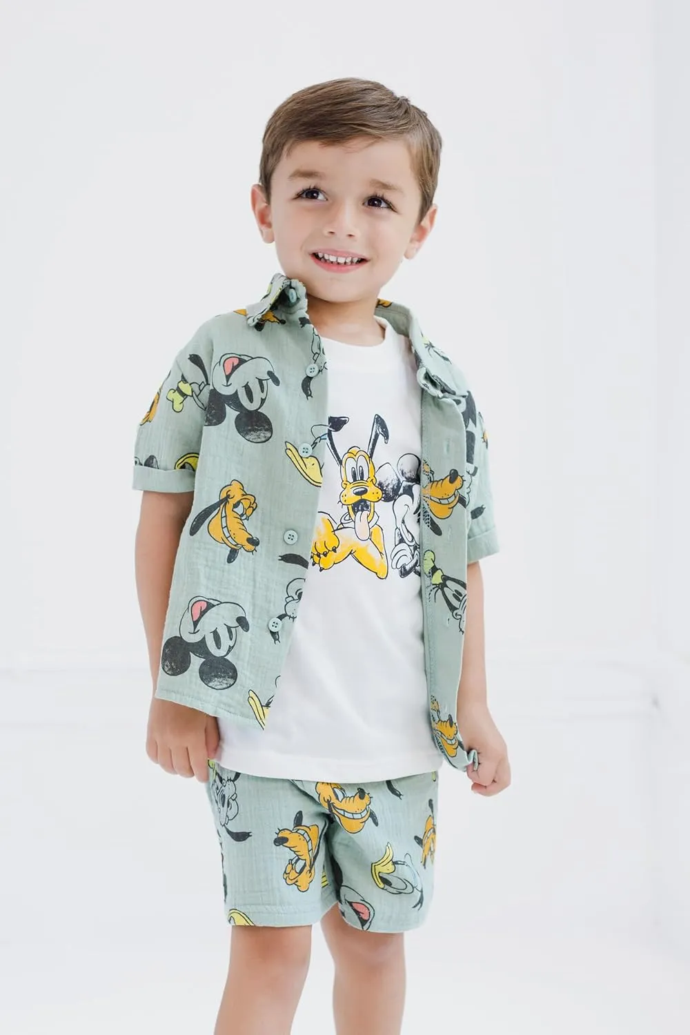 Disney Mickey Mouse Cotton Gauze Button Down Shirt, T-Shirt & Shorts 3 Piece Set Infant to Little Kid Sizes (12 Months- 7-8)
