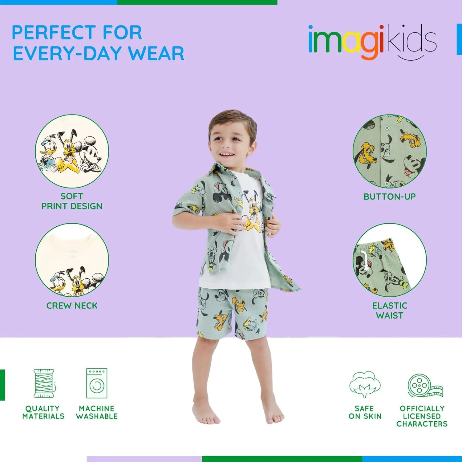 Disney Mickey Mouse Cotton Gauze Button Down Shirt, T-Shirt & Shorts 3 Piece Set Infant to Little Kid Sizes (12 Months- 7-8)