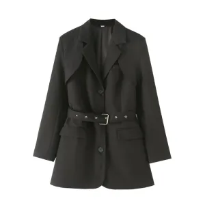 Elegant Belt Slim Fit Collar Mid Length Blazer