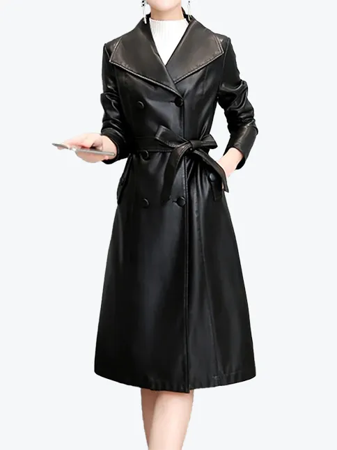 Elegant Double-Breasted Leather Coat