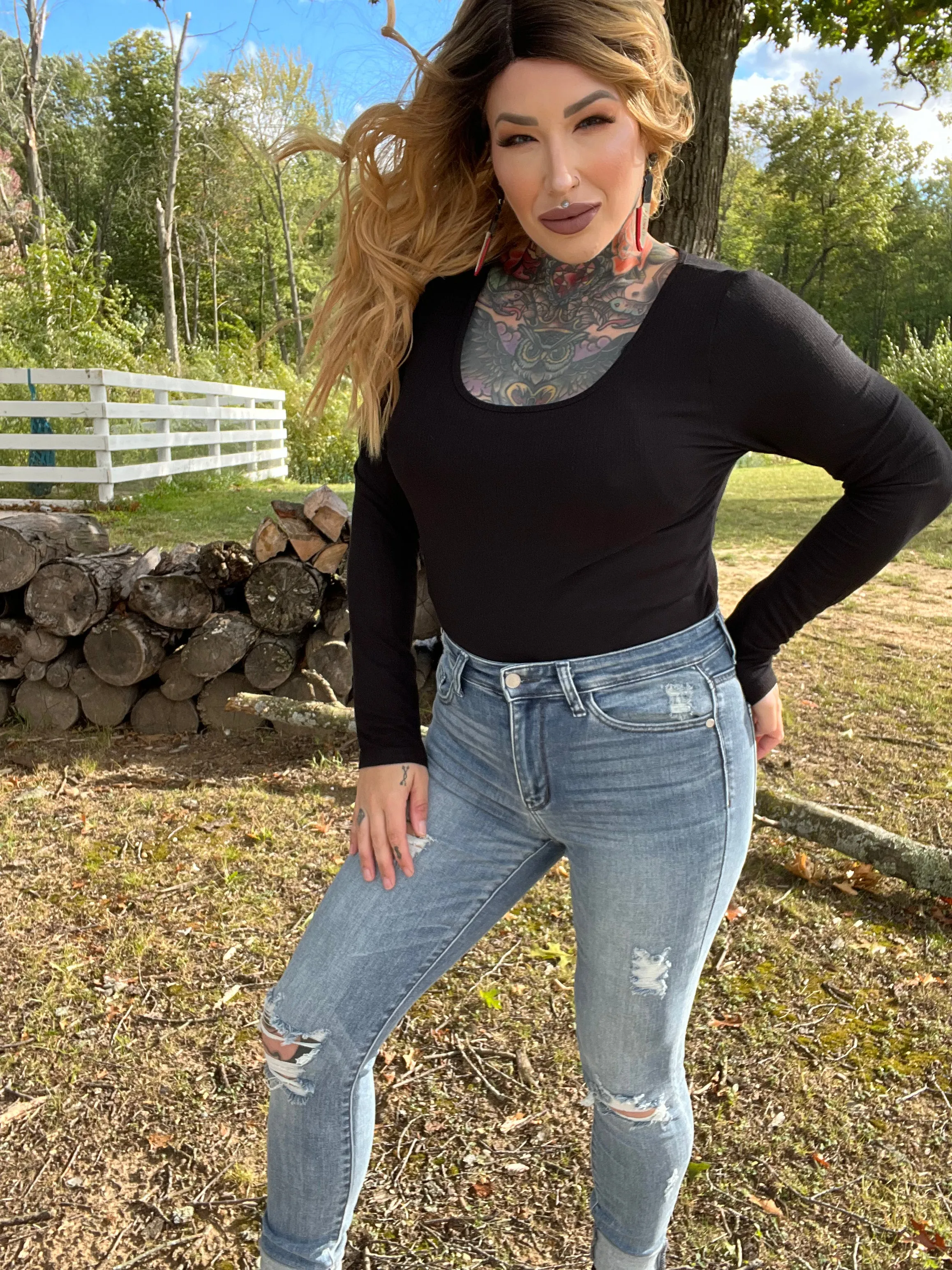 Falls Coming Curvy Long Sleeve Bodysuit