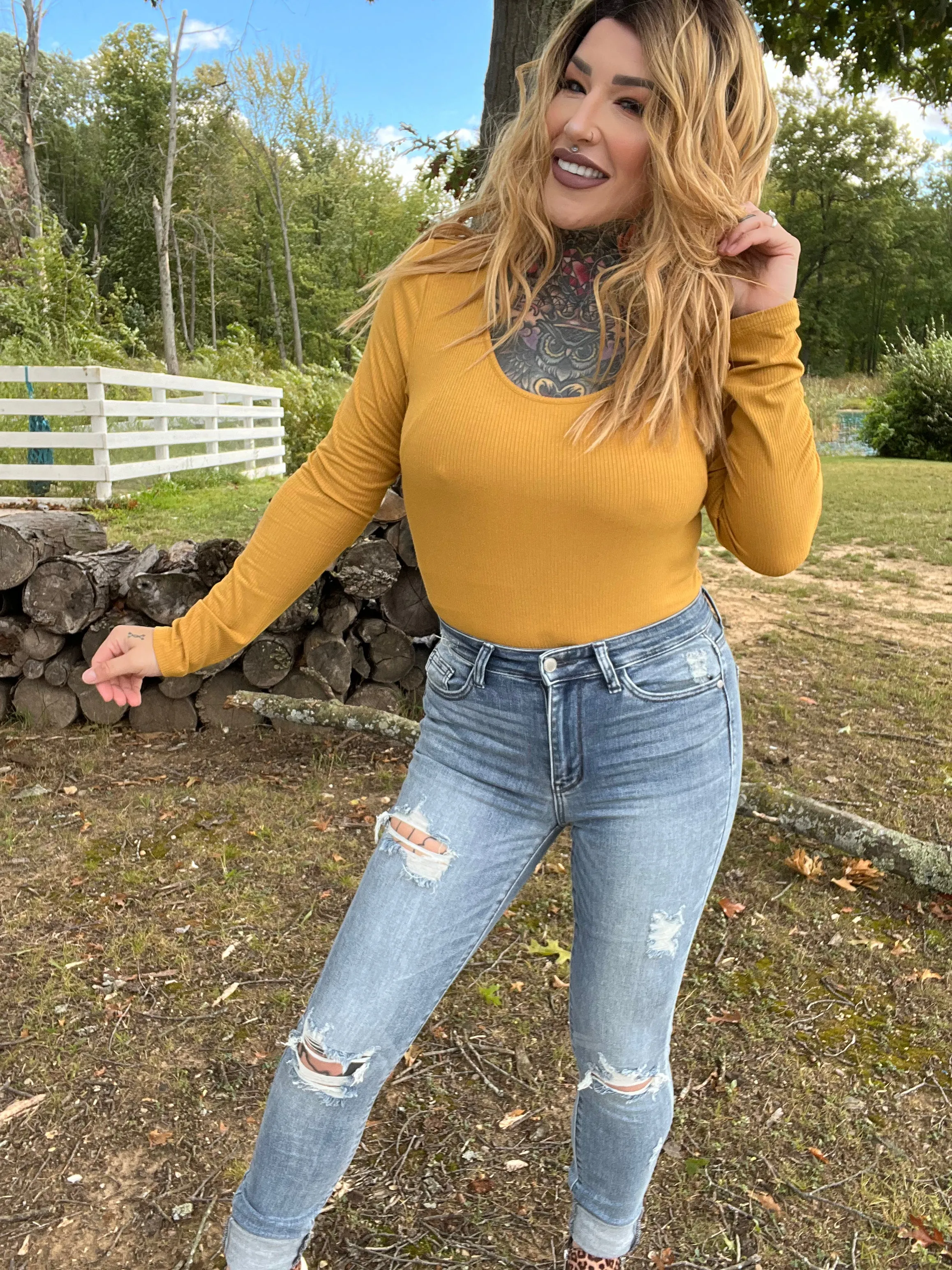 Falls Coming Curvy Long Sleeve Bodysuit