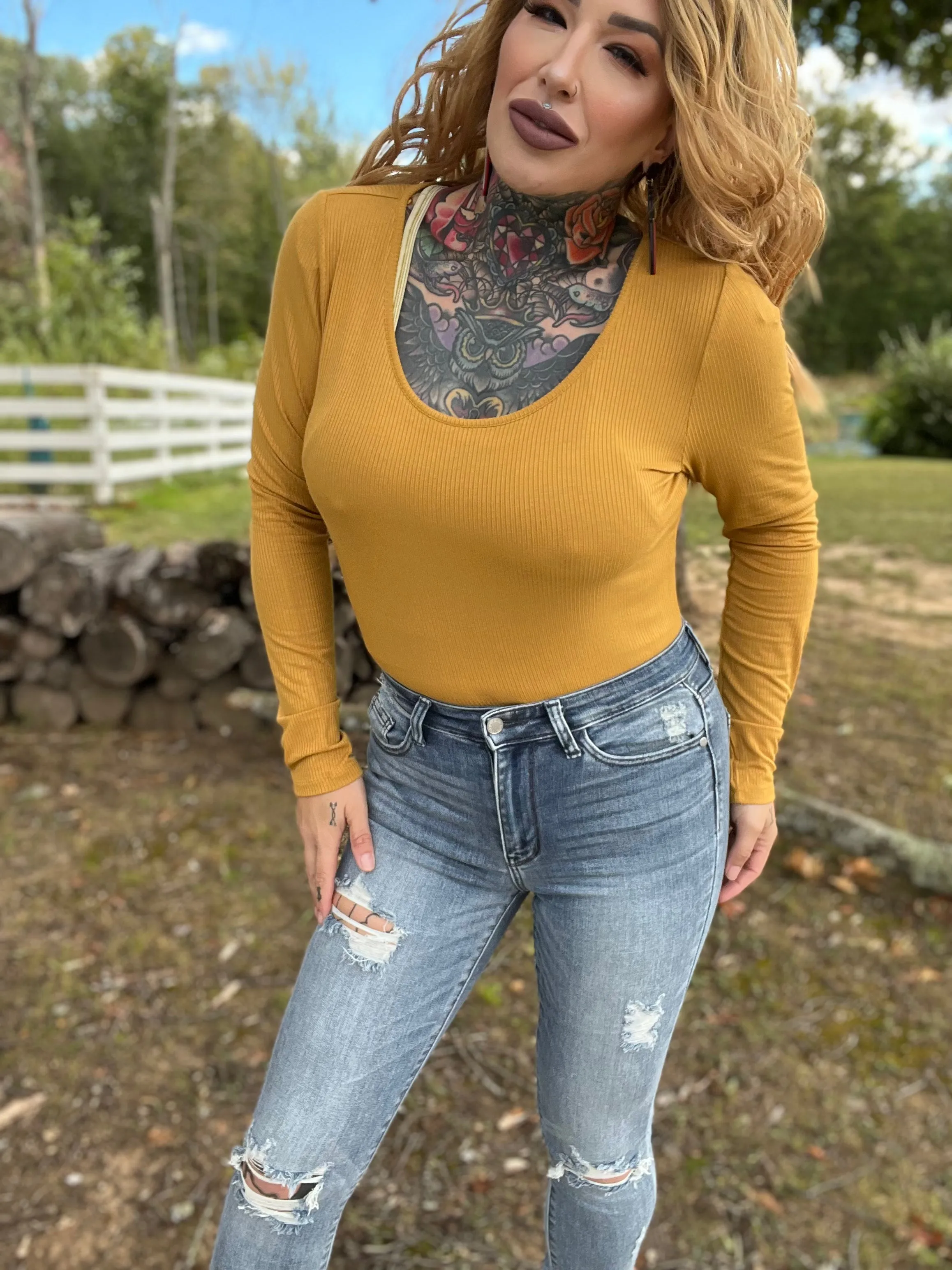 Falls Coming Curvy Long Sleeve Bodysuit