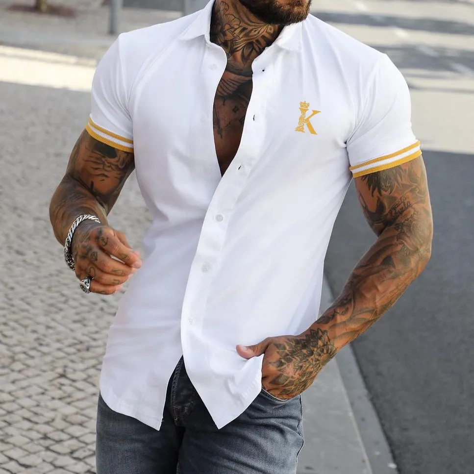 Fashion Crown K Print Color Matching Casual Slim Short Sleeve Shirt