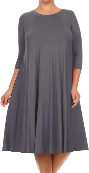 FashionStream Women's Plus Size Casual 3/4 Sleeves Basic A-Line Pleated Solid Midi Dress
