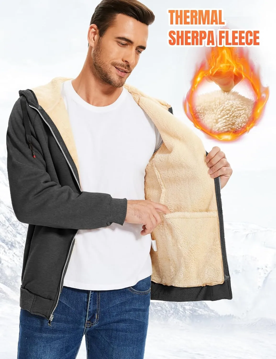 Flygo Fleece Hoodie for Men Warm Full Zip Sherpa Lined Sweatshirt Winter Jacket