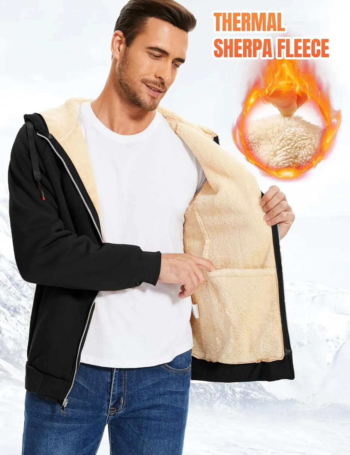 Flygo Fleece Hoodie for Men Warm Full Zip Sherpa Lined Sweatshirt Winter Jacket