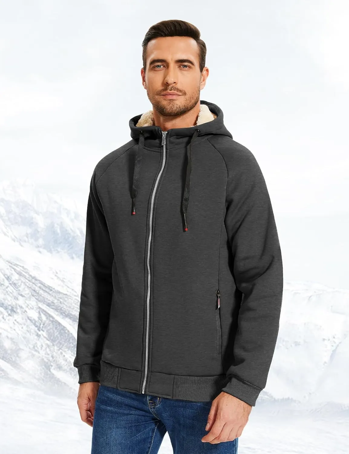 Flygo Fleece Hoodie for Men Warm Full Zip Sherpa Lined Sweatshirt Winter Jacket