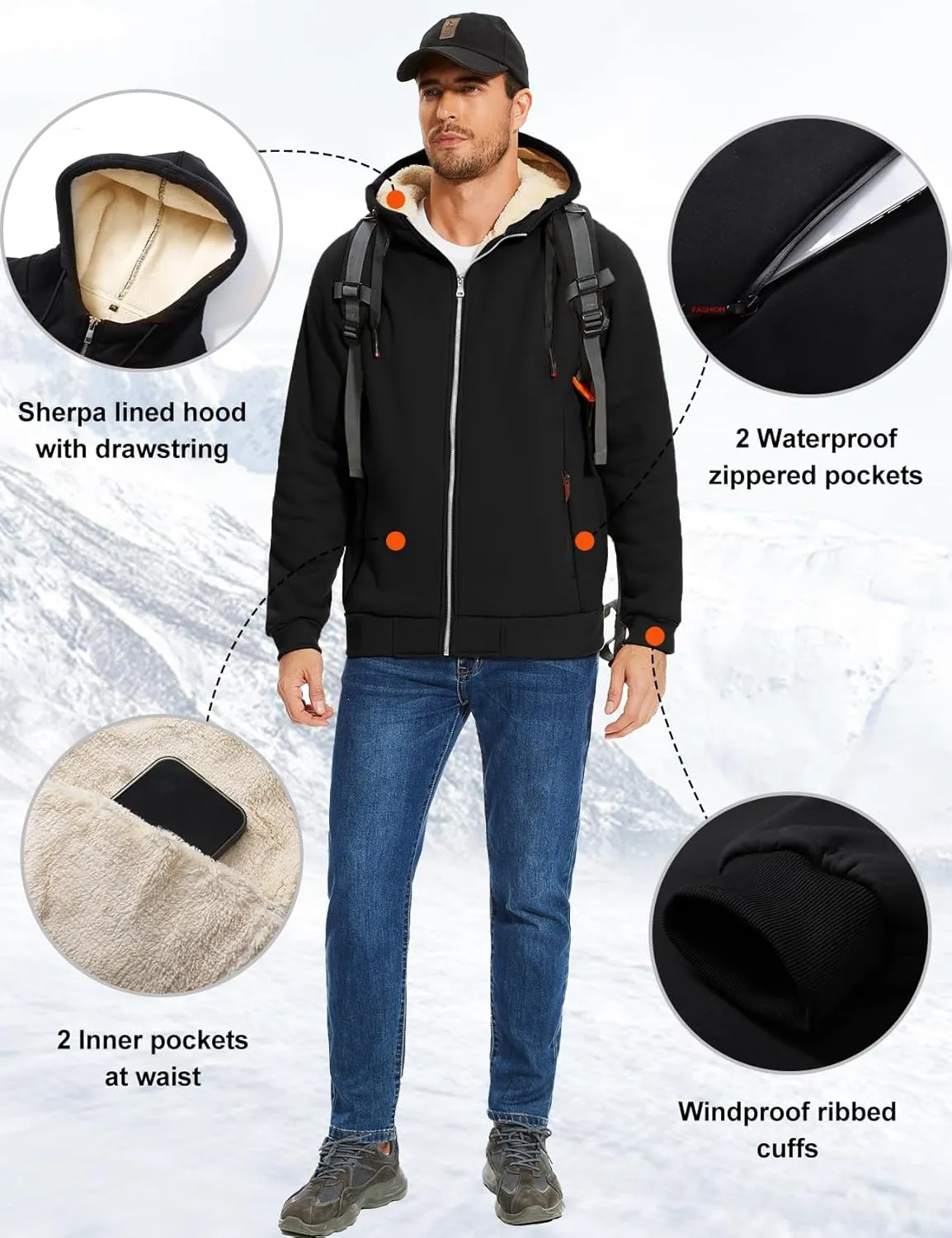 Flygo Fleece Hoodie for Men Warm Full Zip Sherpa Lined Sweatshirt Winter Jacket