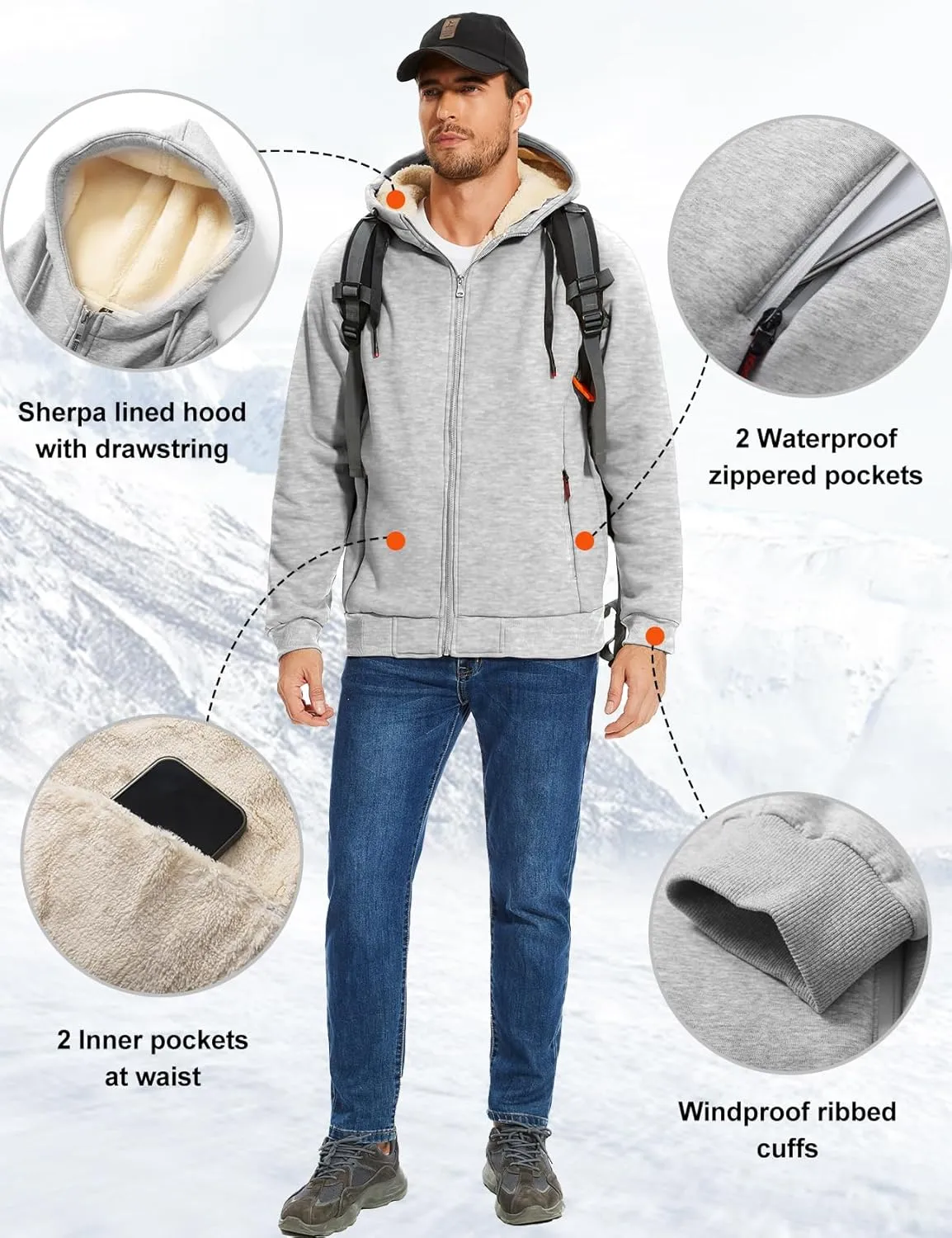 Flygo Fleece Hoodie for Men Warm Full Zip Sherpa Lined Sweatshirt Winter Jacket
