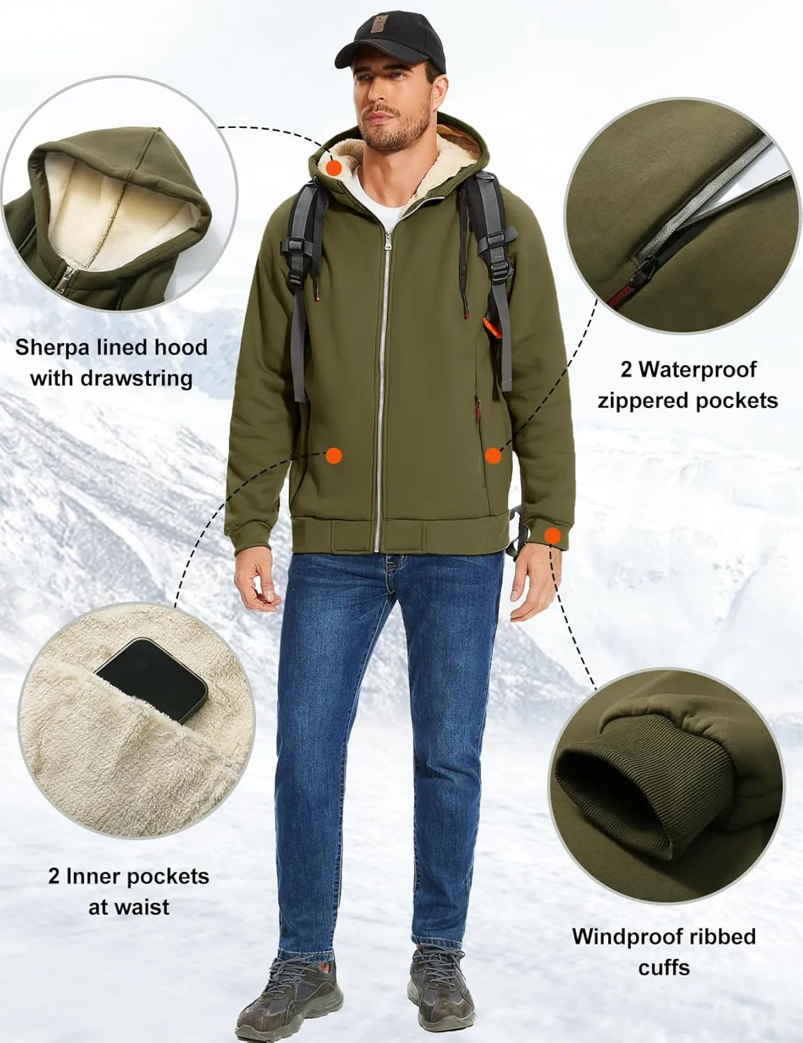 Flygo Fleece Hoodie for Men Warm Full Zip Sherpa Lined Sweatshirt Winter Jacket