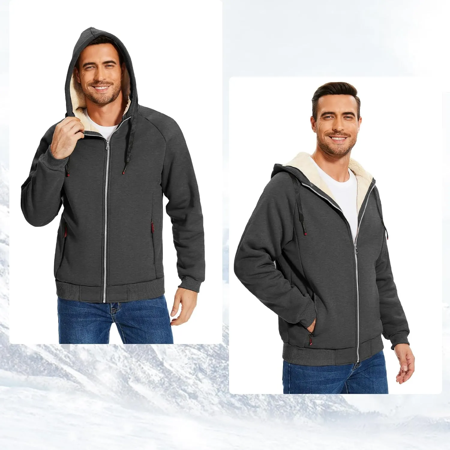Flygo Fleece Hoodie for Men Warm Full Zip Sherpa Lined Sweatshirt Winter Jacket