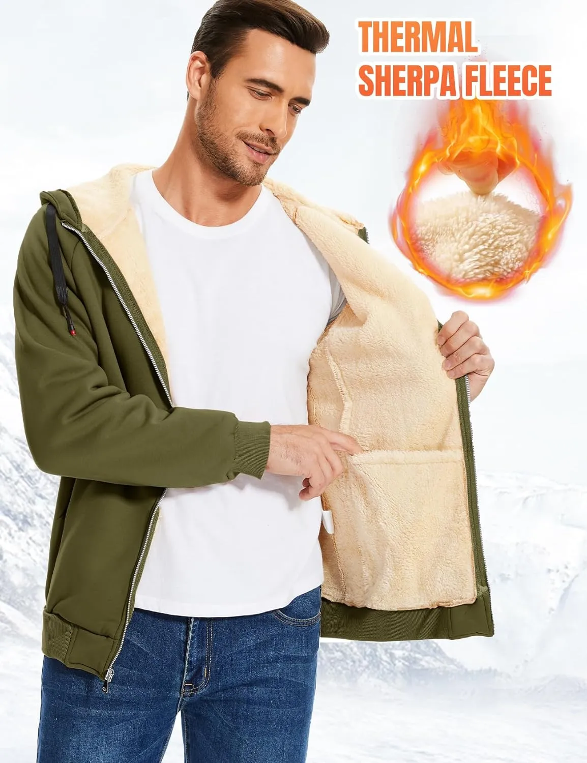Flygo Fleece Hoodie for Men Warm Full Zip Sherpa Lined Sweatshirt Winter Jacket