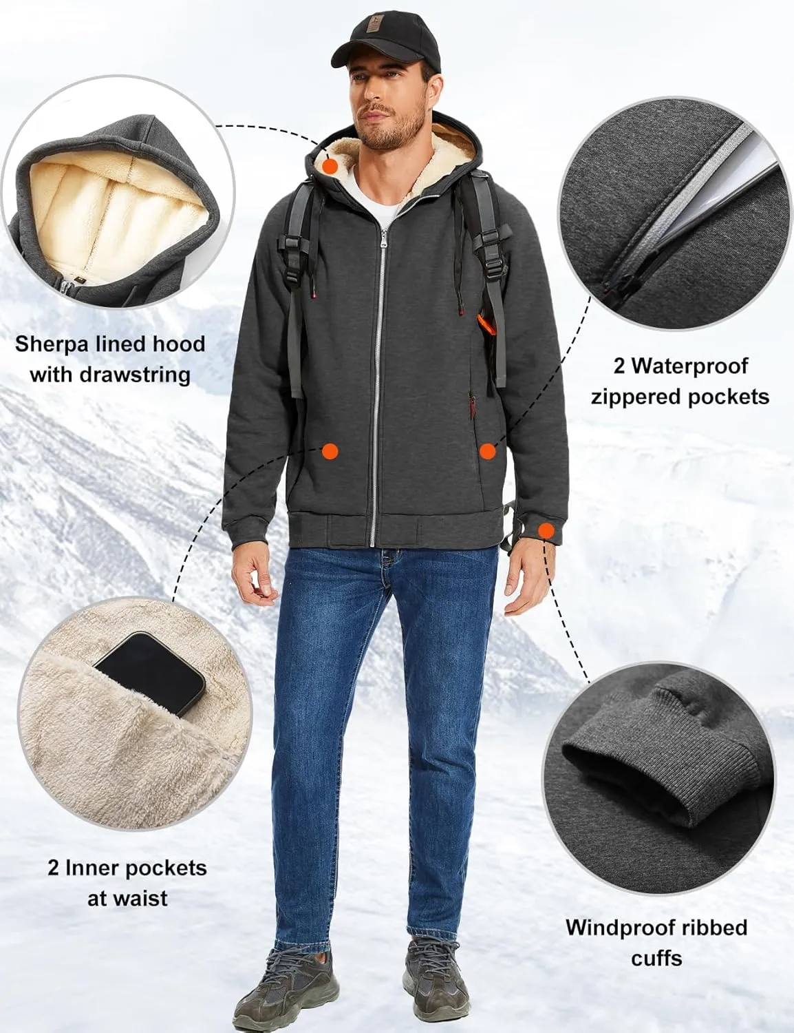 Flygo Fleece Hoodie for Men Warm Full Zip Sherpa Lined Sweatshirt Winter Jacket