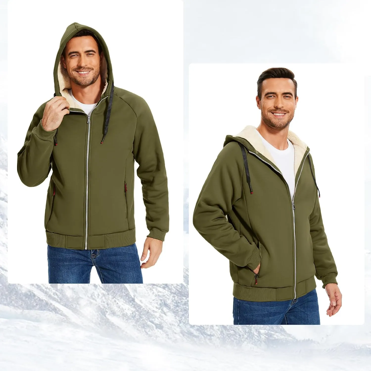 Flygo Fleece Hoodie for Men Warm Full Zip Sherpa Lined Sweatshirt Winter Jacket