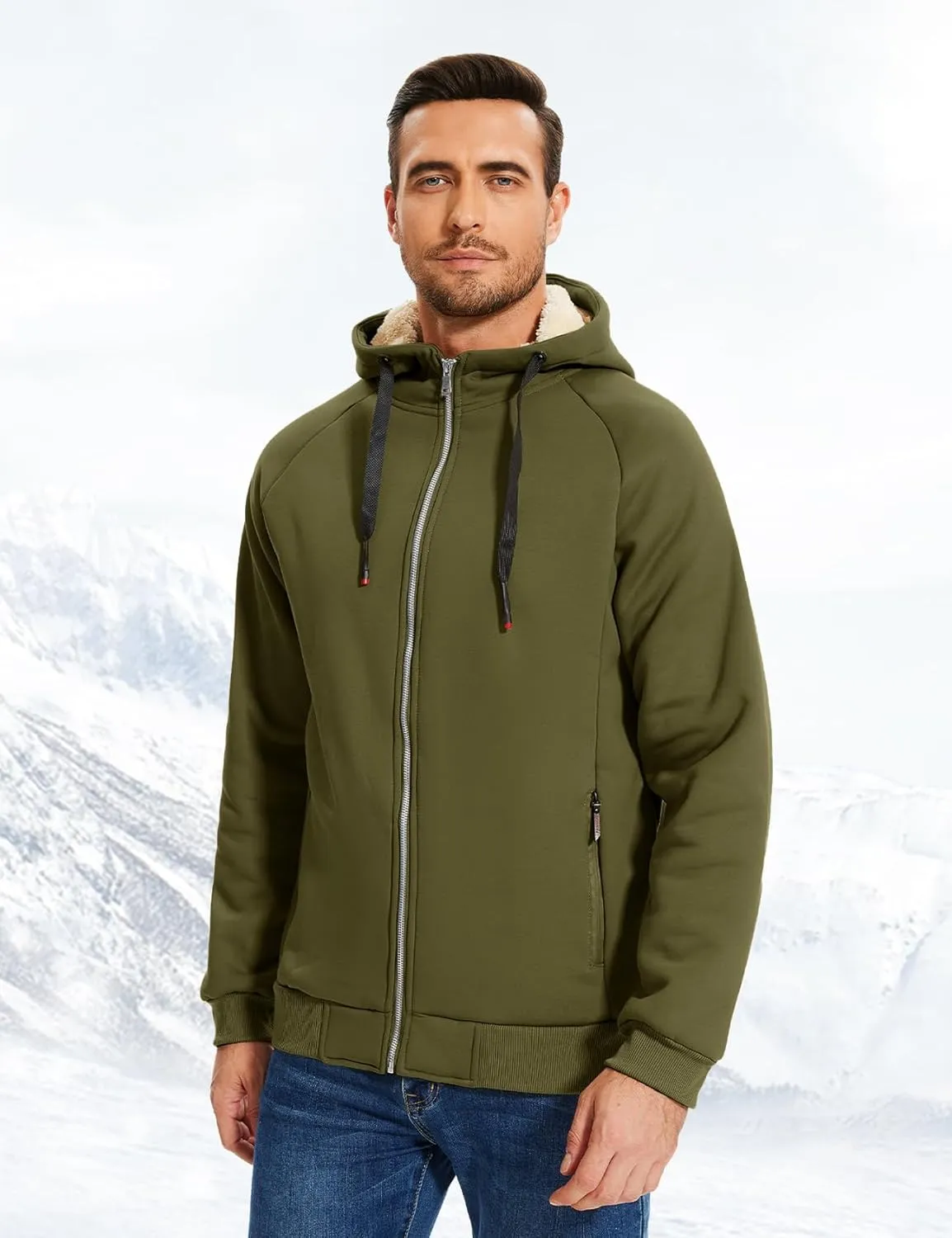 Flygo Fleece Hoodie for Men Warm Full Zip Sherpa Lined Sweatshirt Winter Jacket