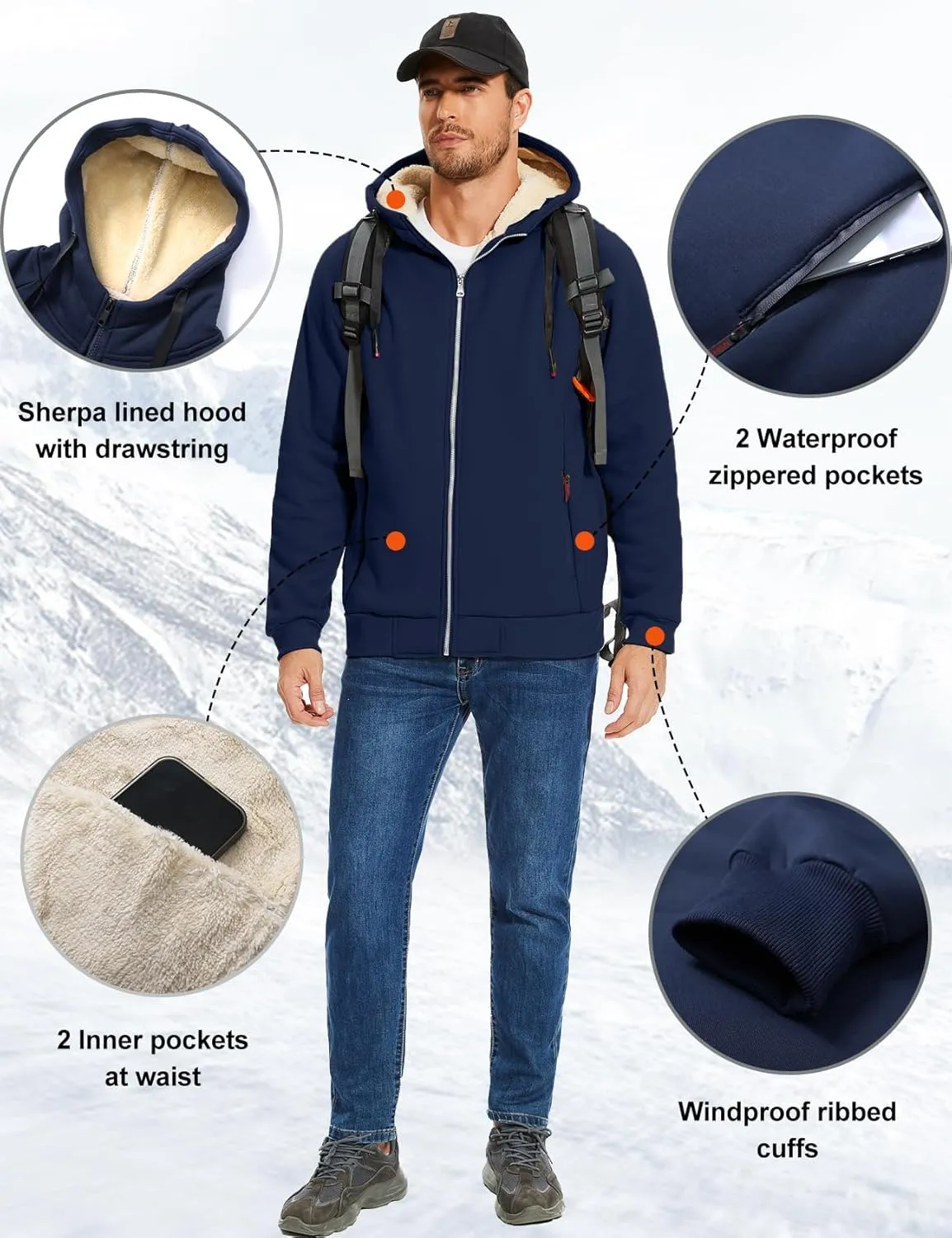 Flygo Fleece Hoodie for Men Warm Full Zip Sherpa Lined Sweatshirt Winter Jacket