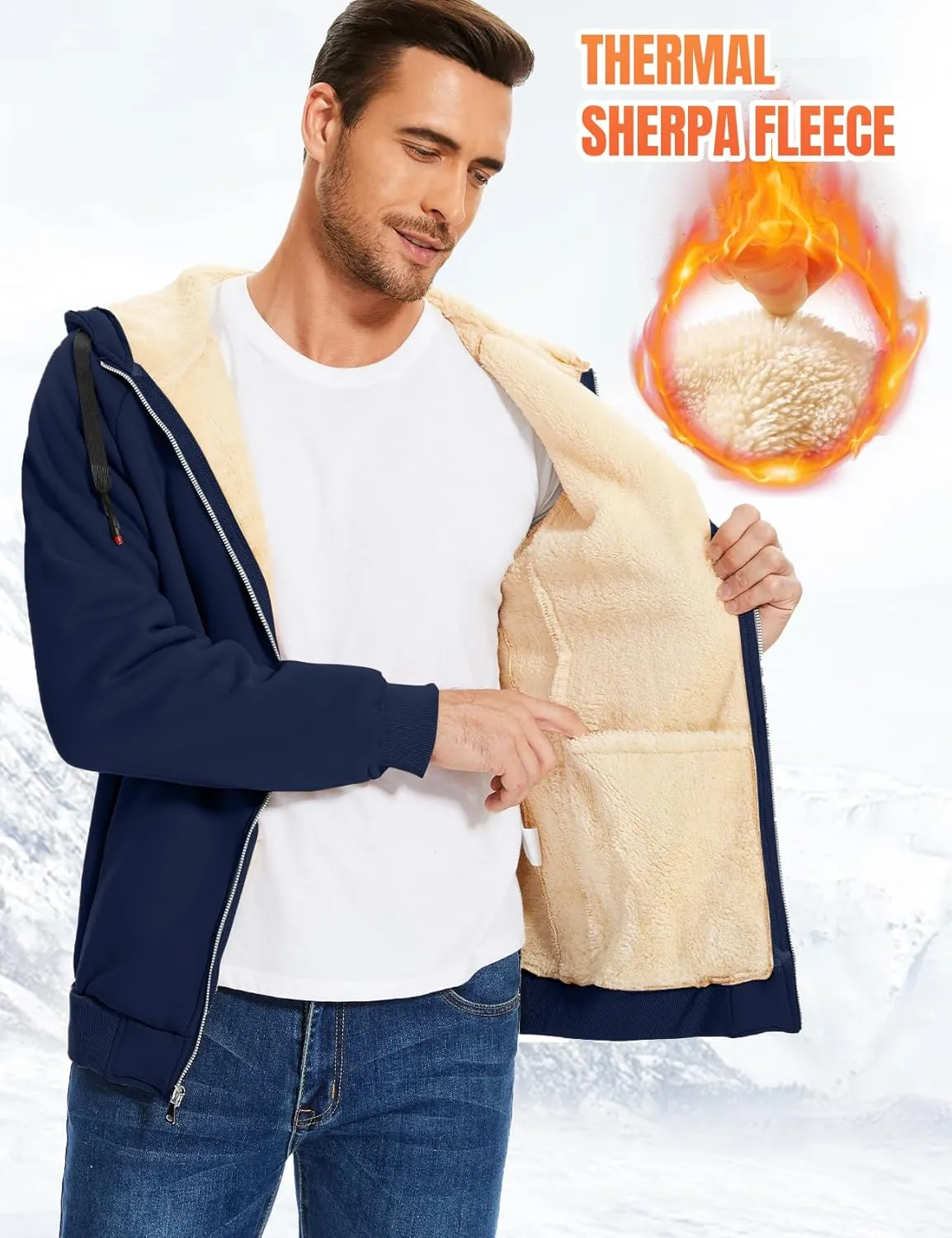 Flygo Fleece Hoodie for Men Warm Full Zip Sherpa Lined Sweatshirt Winter Jacket