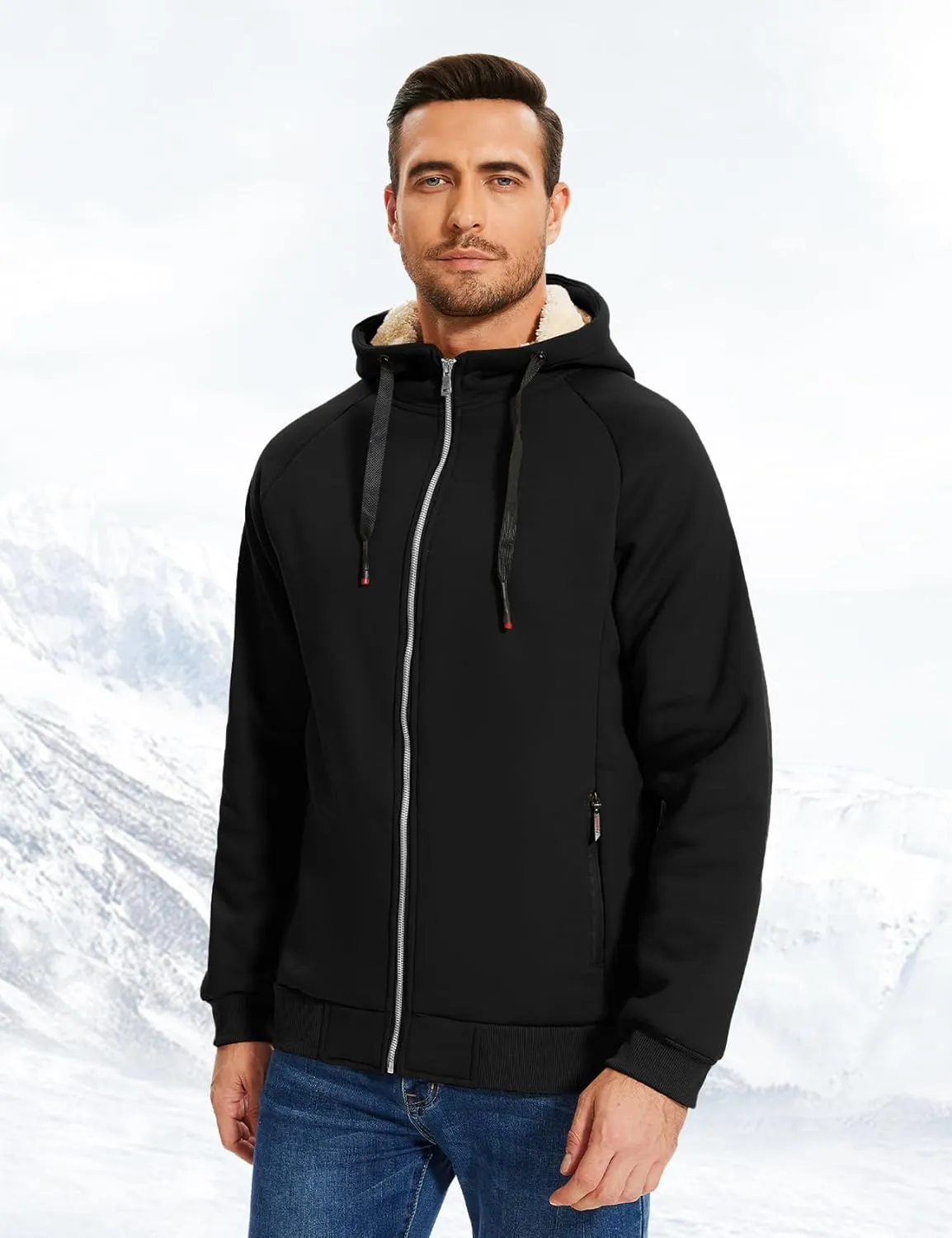 Flygo Fleece Hoodie for Men Warm Full Zip Sherpa Lined Sweatshirt Winter Jacket