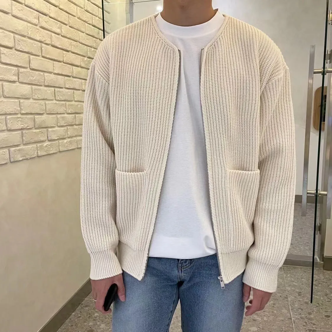 Funnel Neck Zip-Up Knitted Cardigan