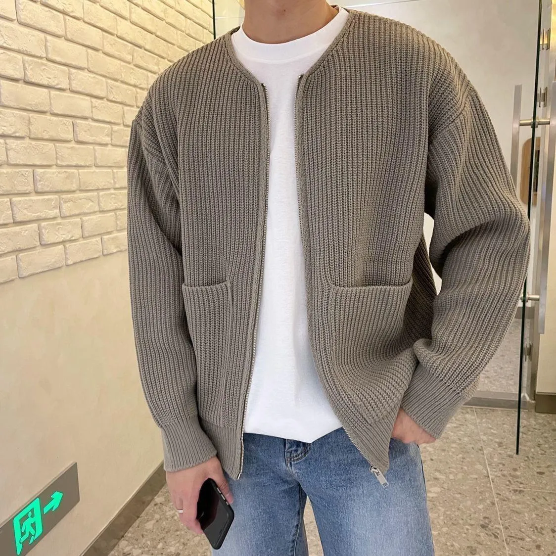 Funnel Neck Zip-Up Knitted Cardigan